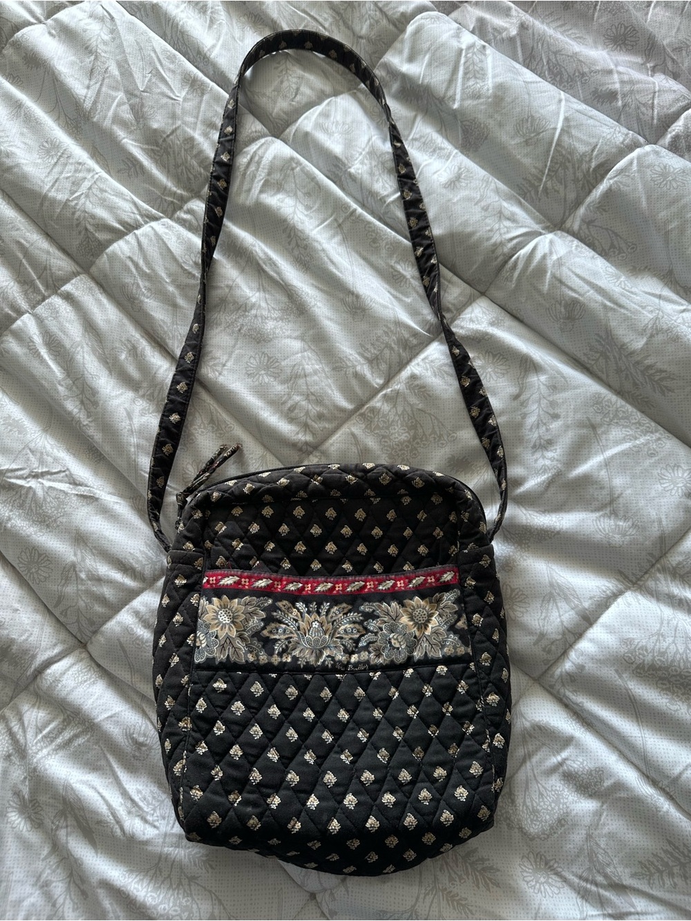 Vera Bradley Black Quilted Crossbody with Floral Accent and Red Trim